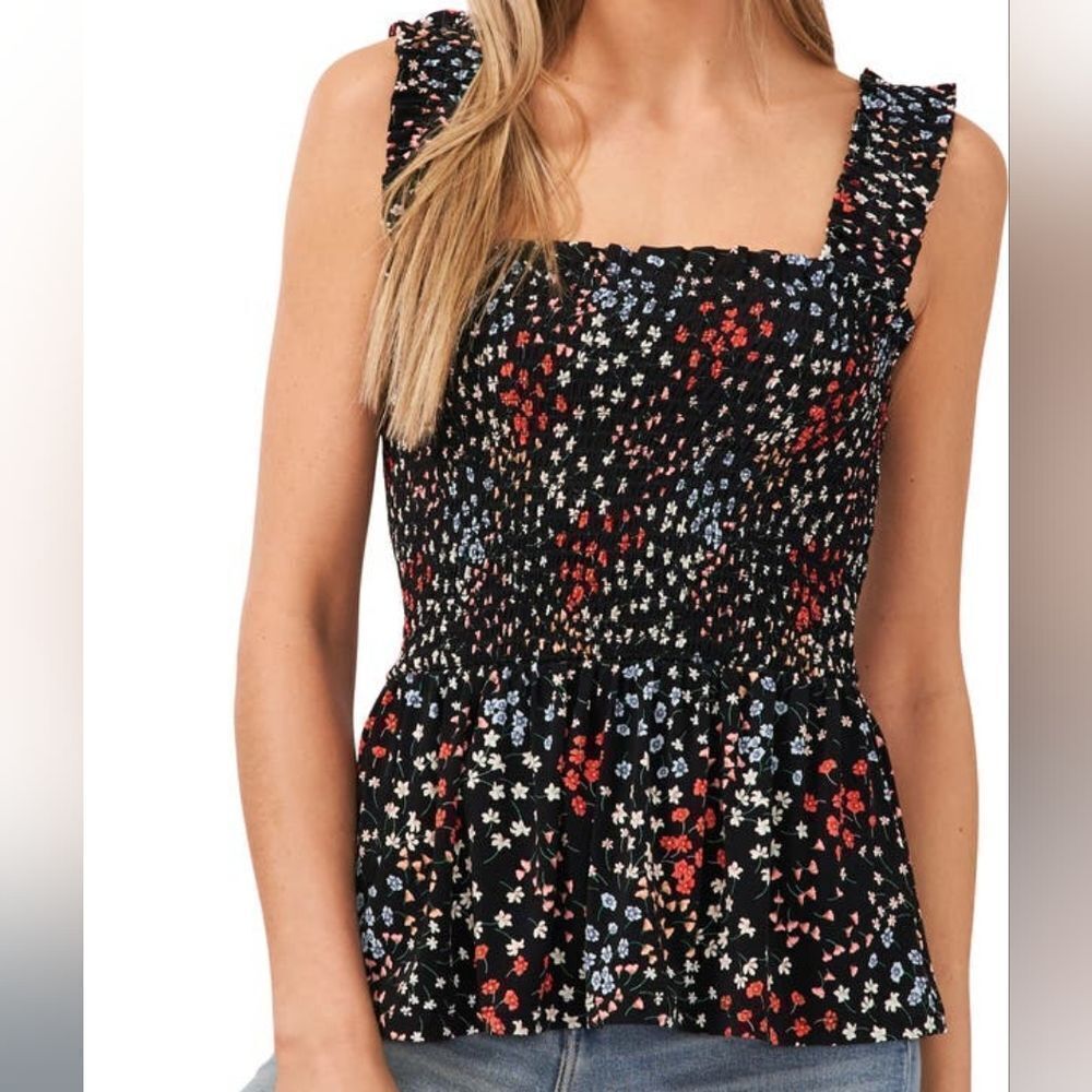 CeCe Floral Smocked Sleeveless Peplum Black Tank Top Women's Size XXL